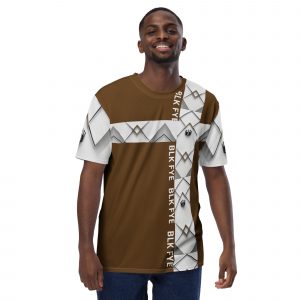 Brown all over print, Men's t-shirt, gray criss cross pattern with crown