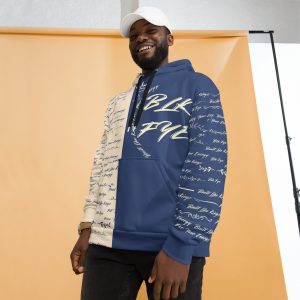 Urban Blue and cream Unisex Hoodie, Cursive writing, BLK Fye logo, unique design, all over print