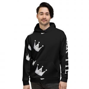 Classic Black pull over hoodie with white crowns, urban Unisex Hoodie all over print, BLK FYE logo