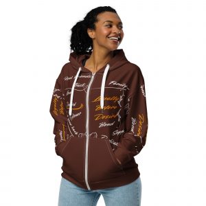 Urban brown zip up hoodie, Loyalty before desire, cursive lettering, unique pattern