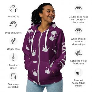 Purple with white crowns, Unisex zip hoodie, urban All over print, BLK FYE logo
