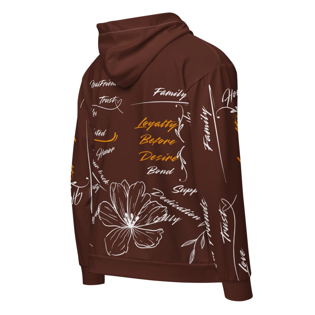 Urban brown zip up hoodie, Loyalty before desire, cursive lettering, unique pattern
